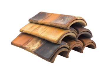 Antique roman roof tiles isolated on transparent background. Roof tiles on a roof isolated on white background.