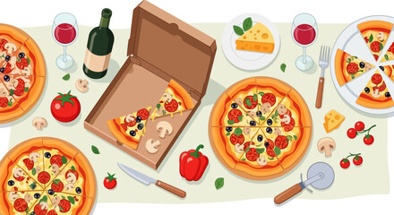 Delicious Pizza Feast Top-Down View of Sliced Pizza, Wine, and Cheese
