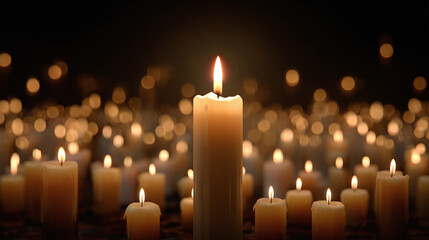 A serene gathering of softly glowing candles, creating a peaceful atmosphere and a warm, inviting ambiance in a dimly lit setting.