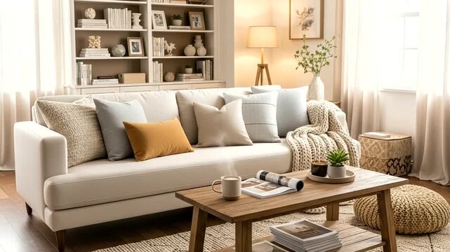 Cozy living room featuring a stylish sofa with decorative pillows, warm lighting, and a wooden coffee table