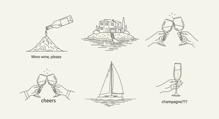 Naklejka premium Elegant Celebration Icons Wine, Champagne, and Coastal Charm