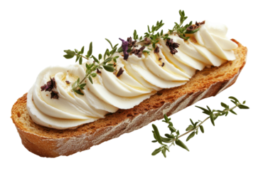 Delicious open faced sandwich with creamy spread and herbs isolated on transparent background. Slice of bread with cream cheese isolated on white background.