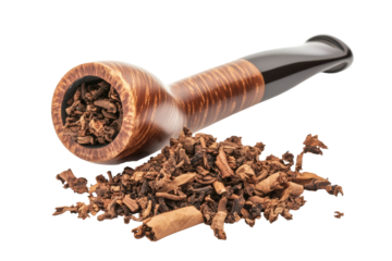 Wooden smoking pipe filled with tobacco isolated on transparent background. Tobacco pipe isolated on white background.