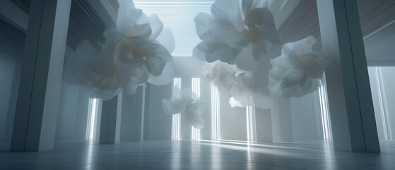 Architectural composition with white floating plant forms