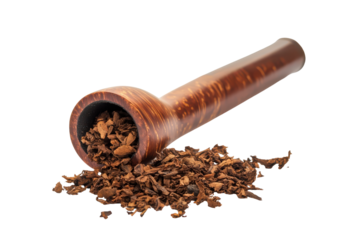 Wooden smoking pipe filled with tobacco isolated on transparent background. Tobacco pipe isolated on white background.