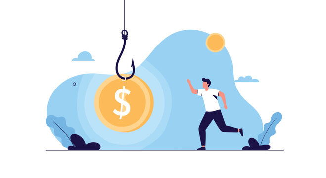 Man chasing a dollar coin on a fishing hook representing greed or financial temptation.