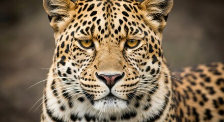 Obraz premium Close-up portrait of a leopard, facing the viewer, with detailed markings and intense gaze
