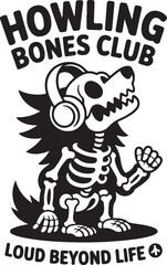 Cartoon dog wearing headphones and raising fist with text illustration black and white