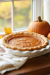 Pumpkin Pie on Windowsill with Fall Foliage and Pumpkin &ndash; Cozy Autumn Scene.