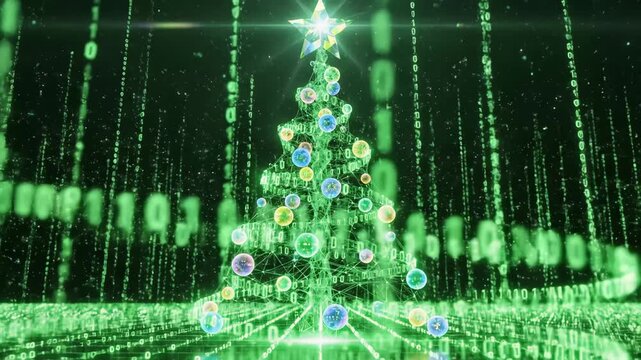Digital Christmas Tree in Binary Landscape - This video depicts a glowing digital Christmas tree adorned with ornaments and topped with a star, set within a virtual landscape of green binary code.