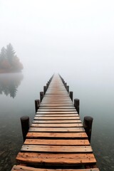 Fototapeta premium A Long Wooden Pier Disappearing into Ethereal Morning Mist Over a Tranquil Lake Reflecting Serenity