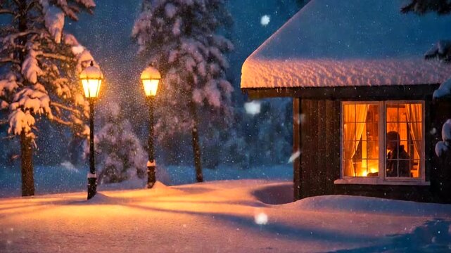 Cozy winter cabin illuminated by warm light amidst falling snow, with street lamps glowing softly