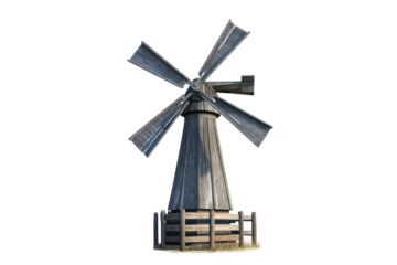 Antique wooden windmill with large sails isolated on transparent background. Windmill isolated on white background.