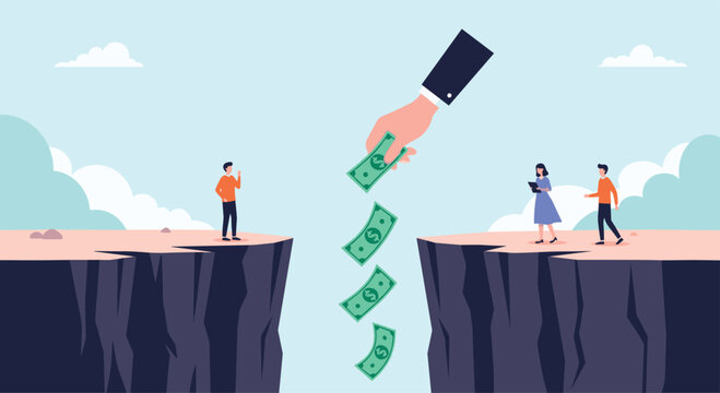 Hand dropping money across a chasm between two groups of people.