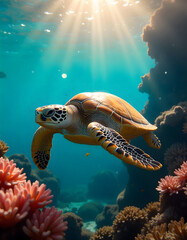 Close-Up Sea Turtle Swimming Underwater