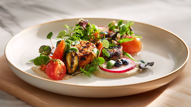 A beautifully plated dish featuring grilled vegetables, fresh tomatoes, and a creamy sauce.