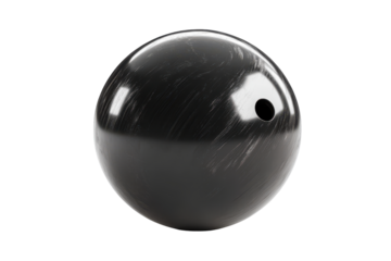 Black bowling ball with three finger holes isolated on transparent background. Black bowling ball isolated on white background, 3d rendering.