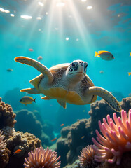Two Sea Turtles Swimming Together in Tropical Ocean