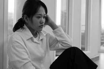 Unhappy asian woman girl disappointed, sad about problem in home alone, feel lonely, Stressed,...