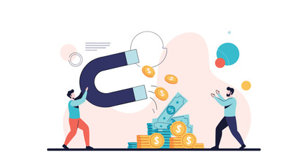 Naklejka premium A large magnet attracts money and coins towards two people in a conceptual illustration.