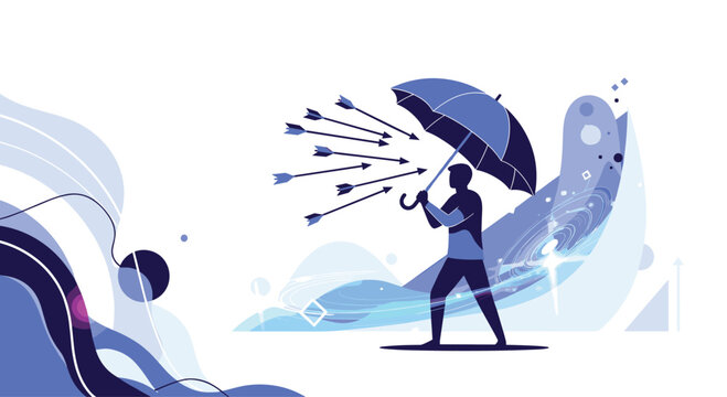 Silhouette of a person holding an umbrella against a barrage of incoming arrows.