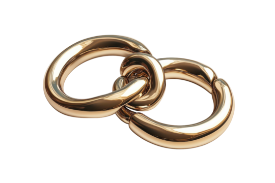 Gold chain link detail isolated on transparent background. Gold wedding rings connected like chain links on an isolated white background.