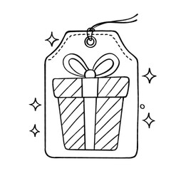 Gift tag with striped present and bow outline illustration, festive holiday label in black and white cartoon style
