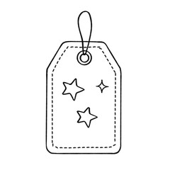 Gift tag with stars outline illustration, simple festive label design in black and white cartoon style
