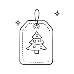 Gift tag with Christmas tree outline illustration, festive holiday label in black and white cartoon style
