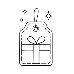 Gift tag with wrapped present and bow outline illustration, festive holiday label in black and white cartoon style
