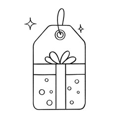 Gift tag with present and bow outline illustration, festive holiday label in black and white cartoon style
