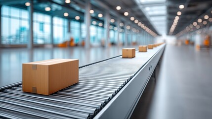 Automated Industrial Conveyor Belt Moving Cardboard Boxes in a Large Warehouse with Natural Light and Metal Structures