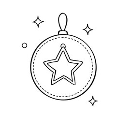 Christmas ornament ball with star outline illustration, festive tree decoration in black and white cartoon style
