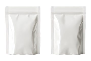 Blank silver stand up pouches with ziplock isolated on transparent background. A blank white stand-up pouches isolated on white background.