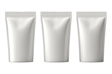 Blank silver stand up pouches with ziplock isolated on transparent background. A blank white stand-up pouches isolated on white background.