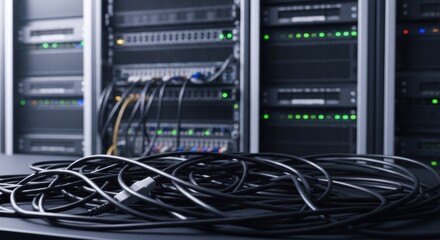Data center image showing server racks with network cables in the foreground and active lights