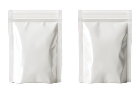 Blank silver stand up pouches with ziplock isolated on transparent background. A blank white stand-up pouches isolated on white background.