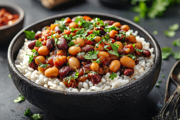 Hearty bean chili served over fluffy white rice and topped with fresh parsley.