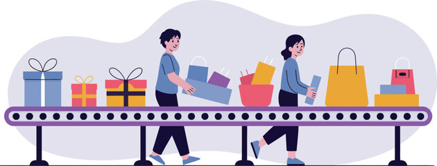 People working on a conveyor belt with gifts and shopping bags