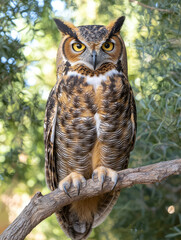 Majestic owl with piercing yellow eyes perched on a branch framed by soft green foliage.
