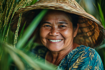 Smiling farmer wearing a conical hat in a lush rice field.