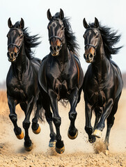 Three dark horses gallop together manes flowing dust rising from their powerful strides.