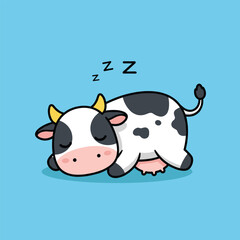 Fototapeta premium Adorable cartoon holstein cow sleeping peacefully on a bright blue background vector illustration