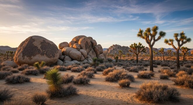 Desert landscape with Joshua trees, boulders, and a vast, colorful sky at sunset