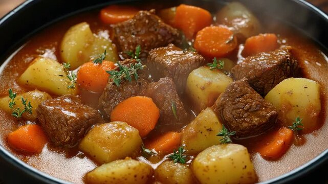 A hearty serving of beef and carrot soup, a comforting meal for colder days.