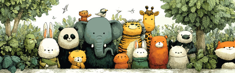 Cute Jungle Animals with Smiling Faces.