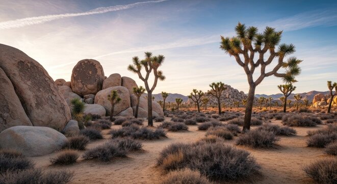 Desert landscape with Joshua trees, boulders, and wispy clouds at sunset