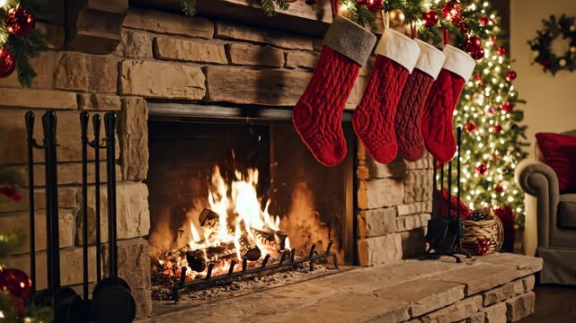 Cozy Christmas Fireplace Scene - A warm and inviting Christmas scene features a stone fireplace with a roaring fire. Red stockings hang from the mantle, decorated with festive garland and ornaments.