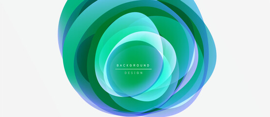 Abstract layers create circular design. Vibrant greens, blues blend, forming dynamic visual element. Modern, clean aesthetic.