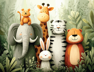 Smiling Jungle Friends Vector Art